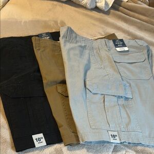 3 pair of new with tags Men's Cargo Shorts - Black, Brown, Gray.